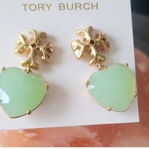 Tory Burch Gold and Mint Heart Earrings